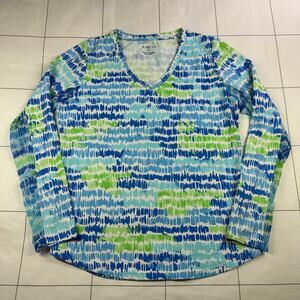 Icikuls Top Womens Medium Blue Green Print V Neck Long Sleeve Mesh Athleisure